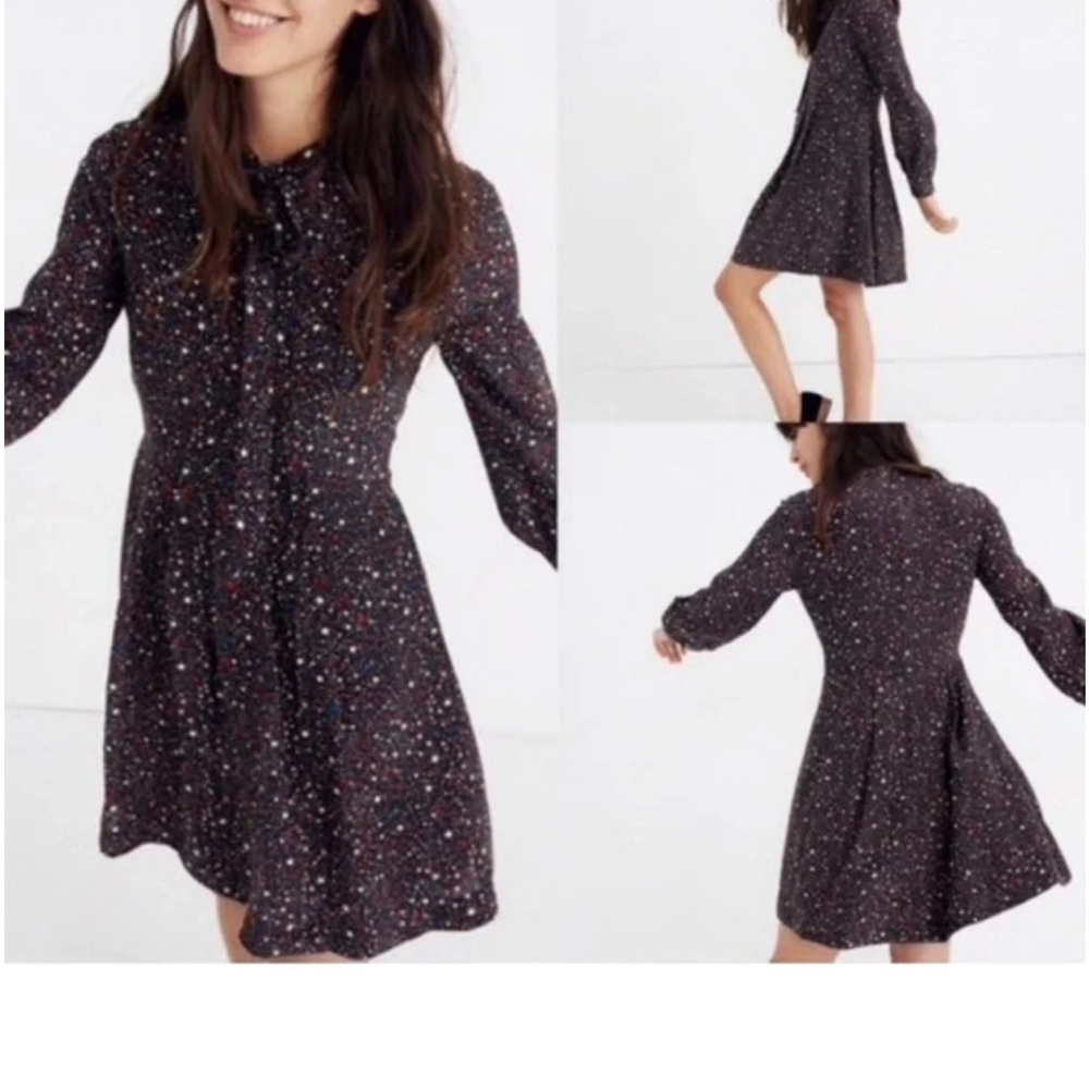 Madewell Balsam Tie Neck Dress In Stary Night 100% Silk Women’s Size 12